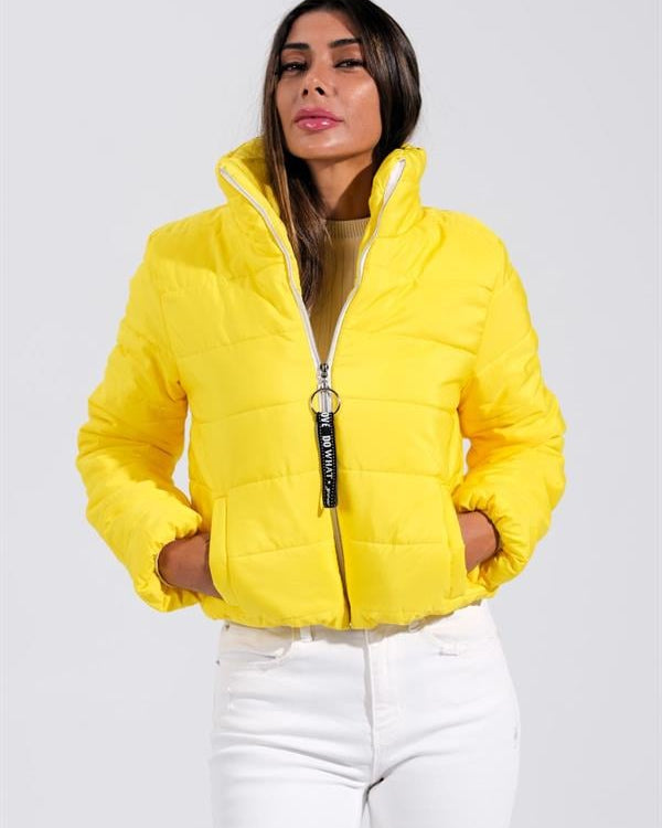 Sarı Sırtı Taş Baskılı Dik Yaka Kısa Şişme Mont