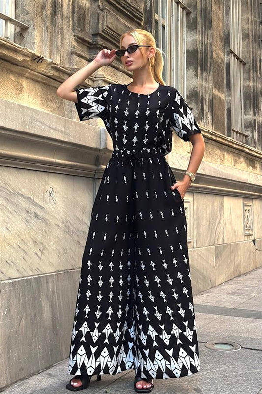 Siyah Balık Desenli Kayık Yaka Beli Lastikli Cepli Bol Paça İkili Takım