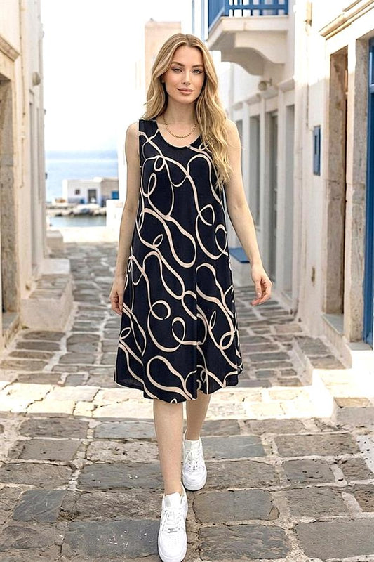 Siyah Bej Desenli Kalın Askılı Midi Elbise