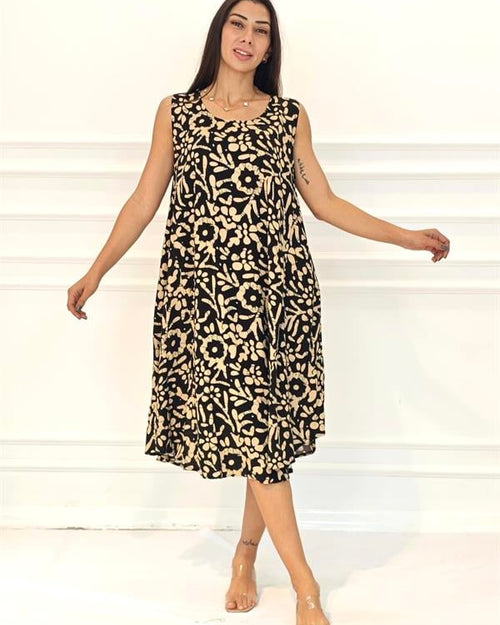 Siyah Bej Desenli U Yaka Askılı Midi Elbise