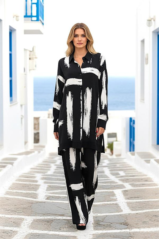 Siyah Beyaz Desenli Kolu Apoletli Cepli Gömlek Pantolon Takım