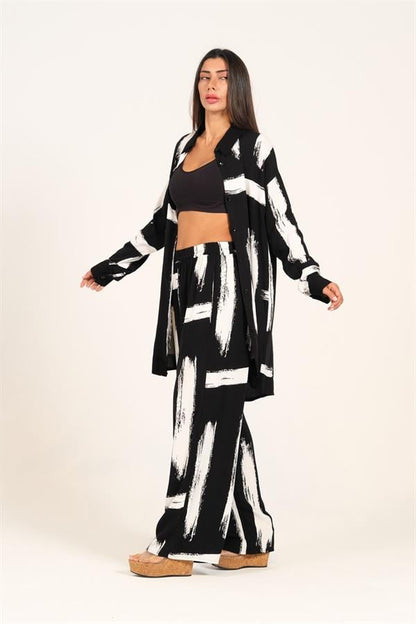 Siyah Beyaz Desenli Kolu Apoletli Cepli Gömlek Pantolon Takım