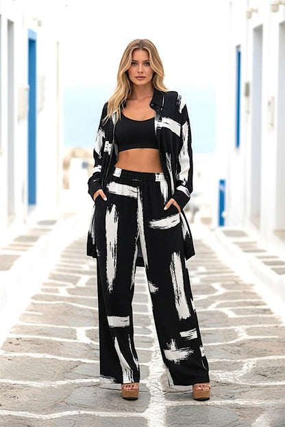 Siyah Beyaz Desenli Kolu Apoletli Cepli Gömlek Pantolon Takım