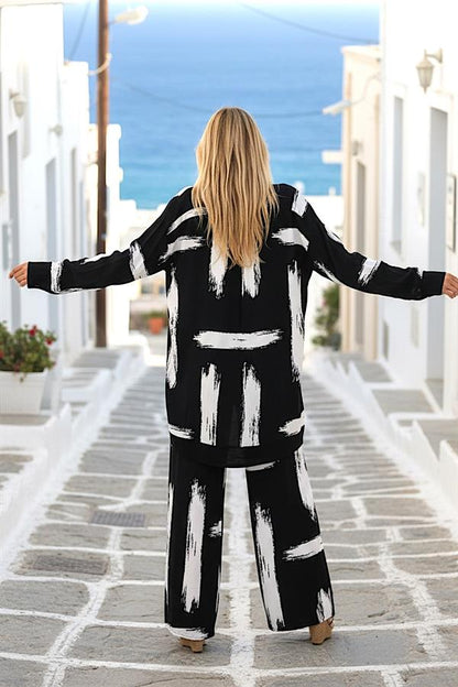 Siyah Beyaz Desenli Kolu Apoletli Cepli Gömlek Pantolon Takım