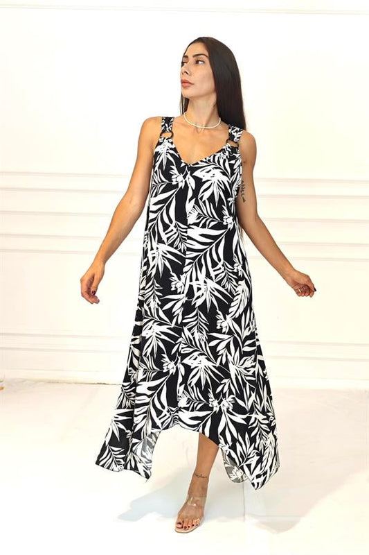 Siyah Beyaz Yaprak Desenli Askısı Halkalı Uzun Elbise