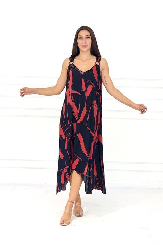 Siyah Bordo Desenli Askısı Halkalı Uzun Elbise