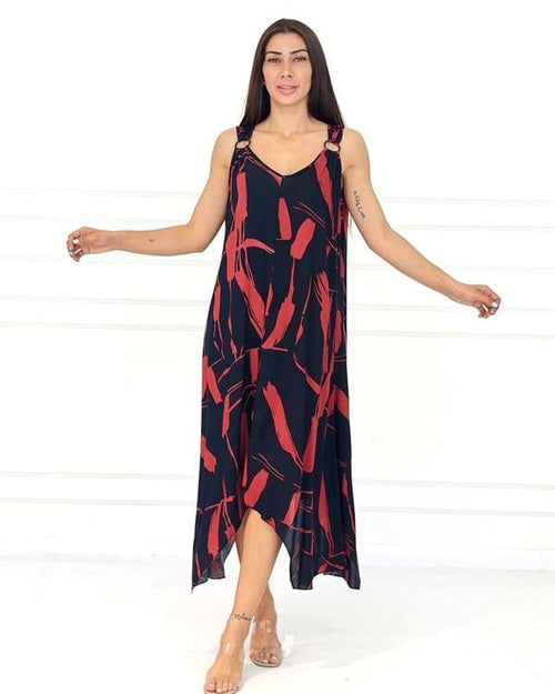 Siyah Bordo Desenli Askısı Halkalı Uzun Elbise