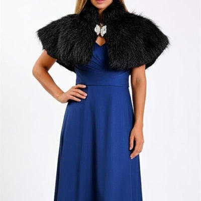 Black Fur Stole Bolero with Brooch
