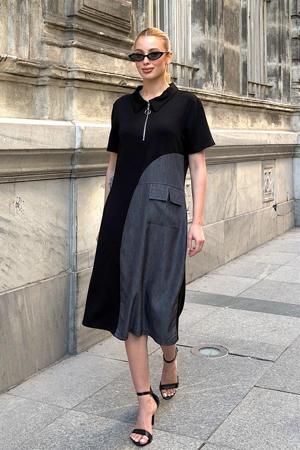 Siyah Cep Detaylı Tasarım Elbise