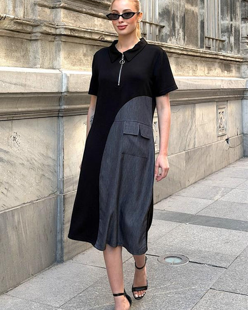 Siyah Cep Detaylı Tasarım Elbise