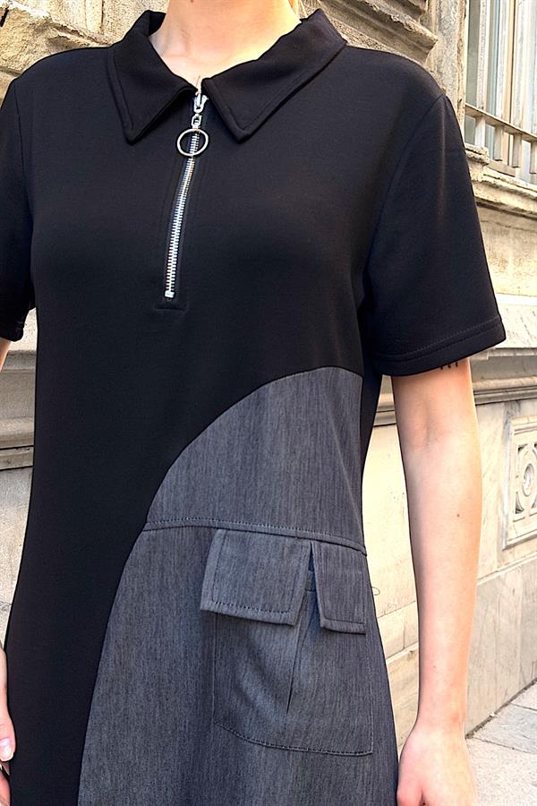 Siyah Cep Detaylı Tasarım Elbise