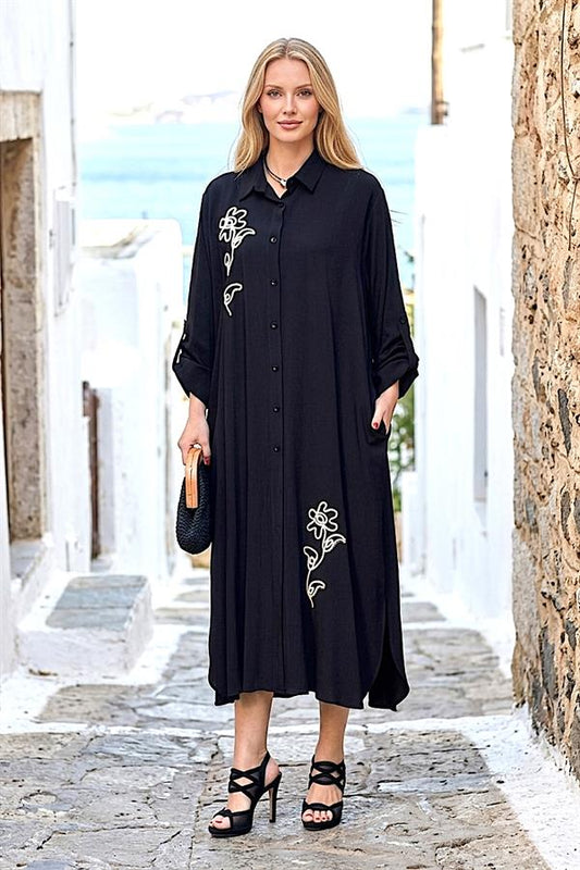 Siyah Çiçek Nakışlı Gömlek Elbise Pantolon Takım