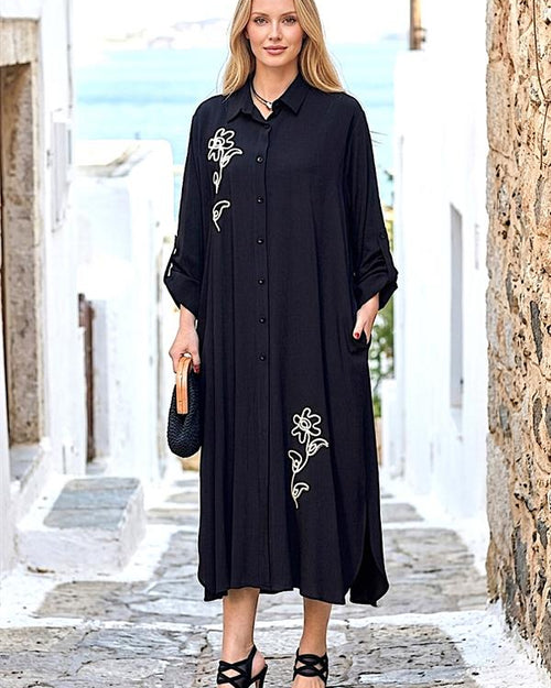 Siyah Çiçek Nakışlı Gömlek Elbise Pantolon Takım