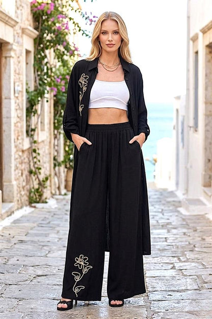 Siyah Çiçek Nakışlı Gömlek Elbise Pantolon Takım