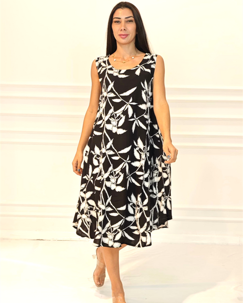 Siyah Çiçekli U Yaka Askılı Midi Elbise