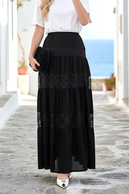 Siyah Dantel Detaylı Kat Kat Uzun Etek