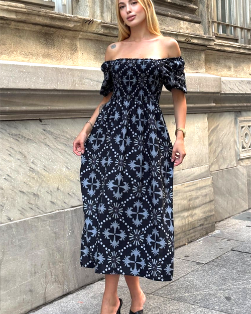 Siyah Desenli Karpuz Kol Gipeli Uzun Elbise