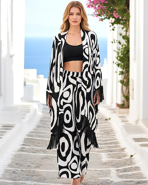 Siyah Desenli Gömleği Püsküllü Gömlek Pantolon Takım