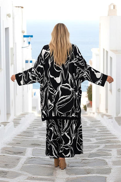 Siyah Desenli Tunik Bluz Pantolon Üçlü Takım