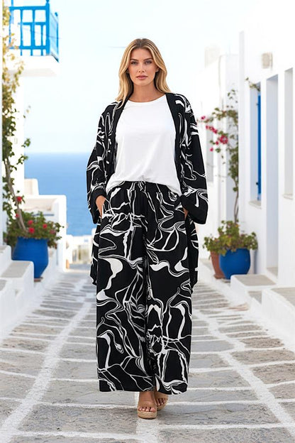 Siyah Desenli Tunik Bluz Pantolon Üçlü Takım