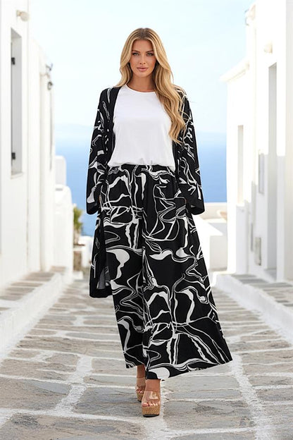 Siyah Desenli Tunik Bluz Pantolon Üçlü Takım