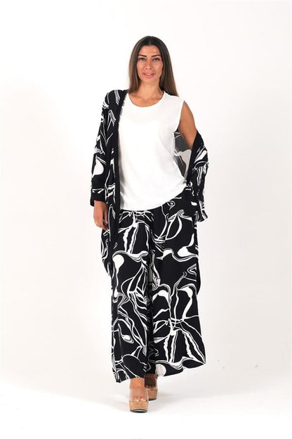 Siyah Desenli Tunik Bluz Pantolon Üçlü Takım