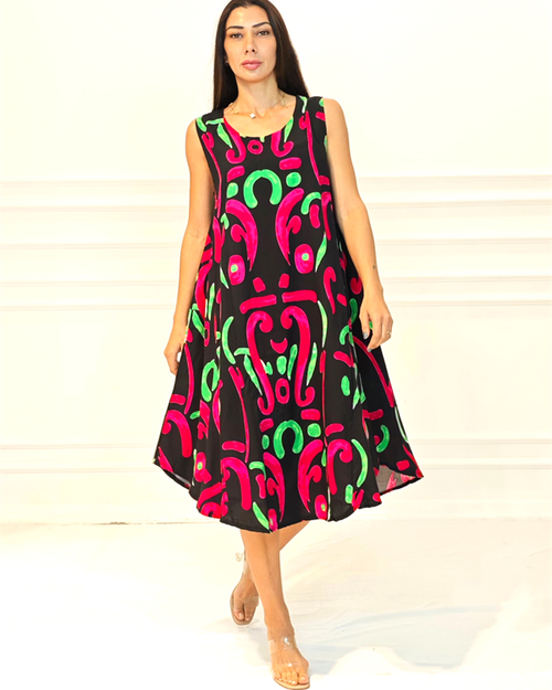 Siyah Desenli U Yaka Askılı Midi Elbise