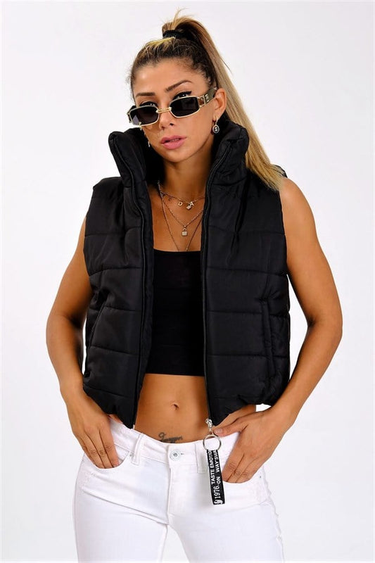 Siyah Dik Yaka Beli Lastikli Cepli Kısa Şişme Yelek