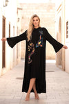Black Stand-Up Collar Embroidered Oversized Long Dress with Ruffle Details on Sleeves and Hem, and Pockets