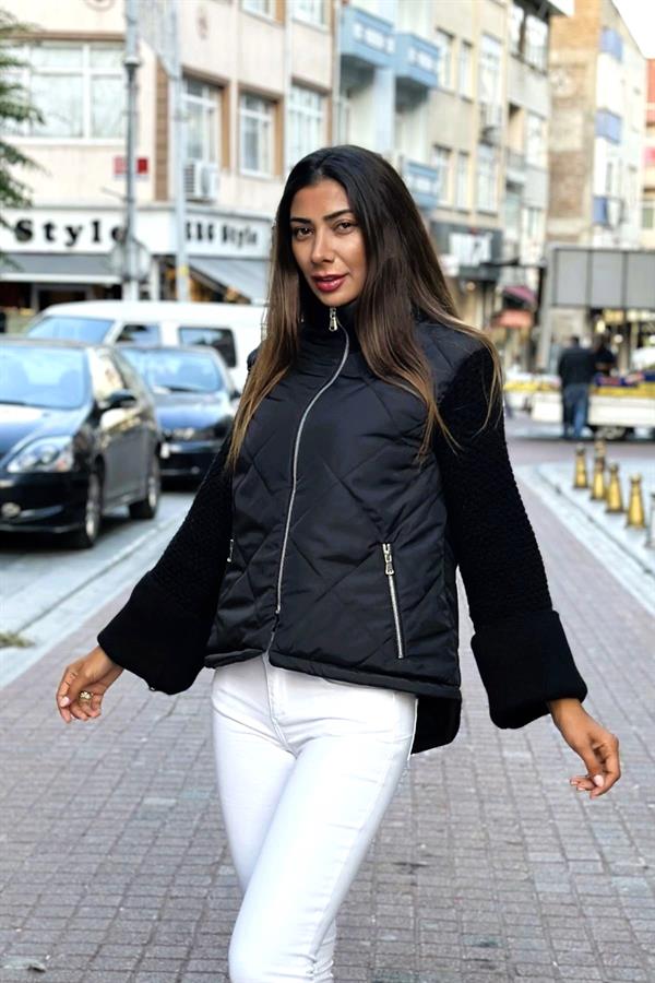 Siyah Dik Yaka Kolları Triko Cepleri Fermuarlı Şişme Mont