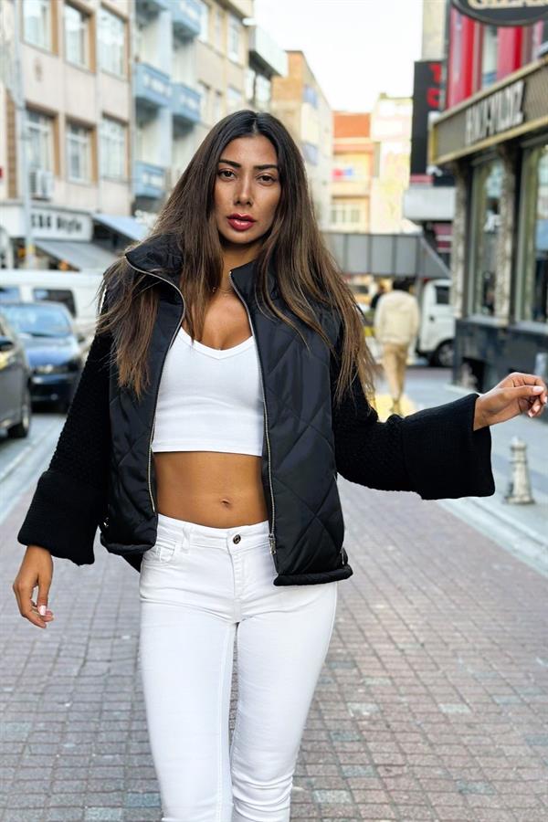 Siyah Dik Yaka Kolları Triko Cepleri Fermuarlı Şişme Mont