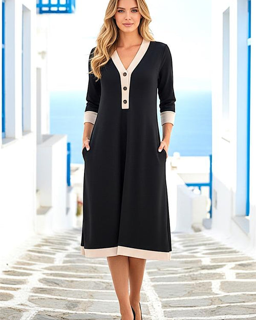 Siyah Düğme Detaylı Modal Elbise