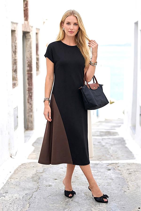 Siyah, ekru ve kahverengi renk bloklu, kısa kollu, modal kumaştan midi elbise.