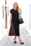 Siyah Ekru Kahve Modal Midi Elbise