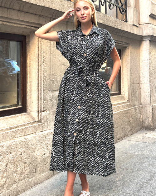 Siyah Gömlek Yaka Kemerli Cepli Uzun Gömlek Elbise