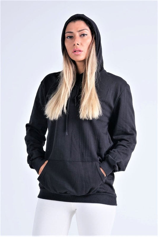 Siyah Kapüşonlu Kanguru Cepli Şardonlu Sweatshirt