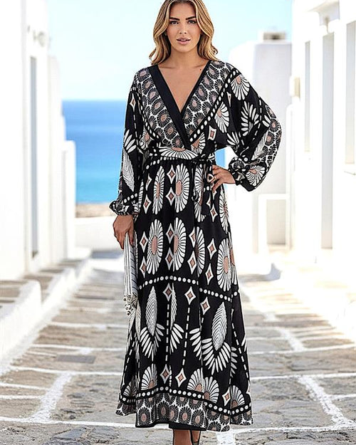 Siyah Kruvaze Yaka Desenli Uzun Elbise