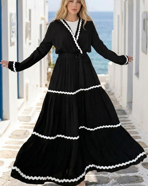 Siyah Kruvaze Yaka Kat Kat Uzun Elbise