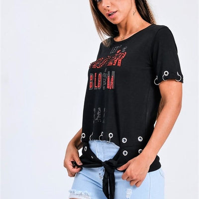 Black T-Shirt with Eyelet Detail and Front Tie, Embellished with Text and Rhinestones