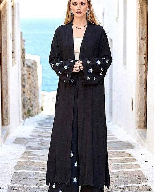 Siyah Mavi Boncuk Kimono Pantolon Takım