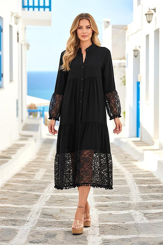 Siyah Önden Düğmeli Kolları Ve Eteği Dantelli Ponponlu Midi Elbise