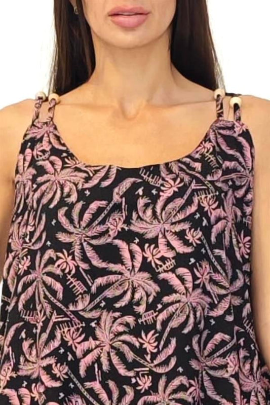 Siyah Pembe Desenli Askısı Boncuklu Uzun Elbise