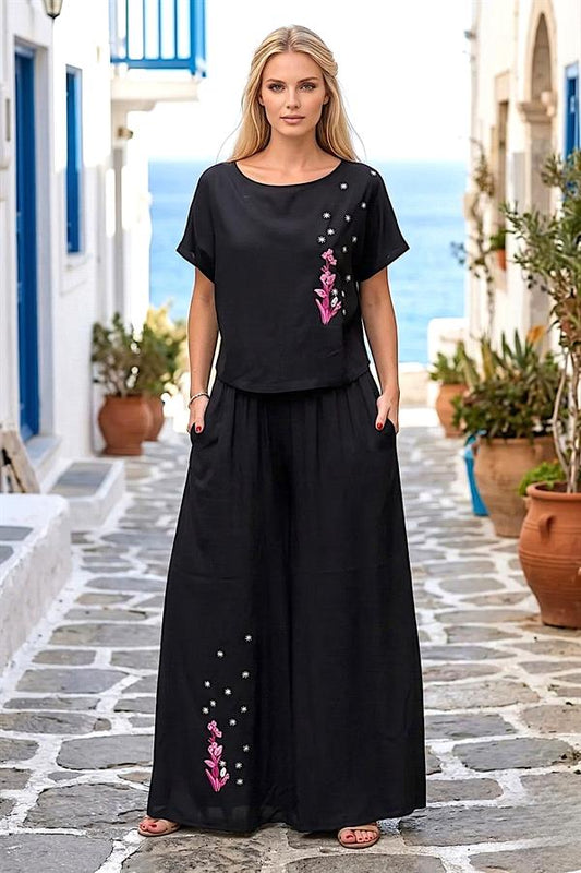 Siyah Pembe Sümbül Nakışlı İkili Takım