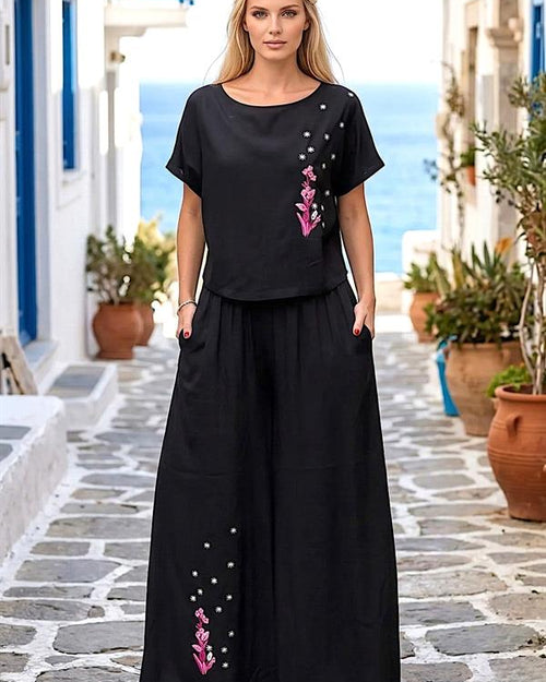 Siyah Pembe Sümbül Nakışlı İkili Takım