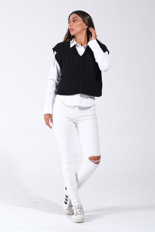 Siyah V Yaka Crop Saç Örgü Triko Süveter
