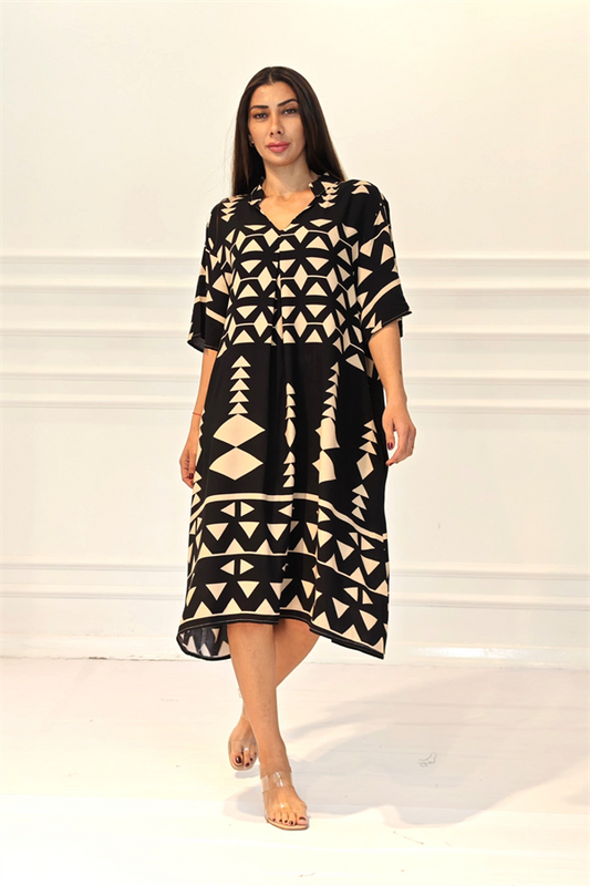 Siyah V Yaka Desenli Cepli Midi Elbise
