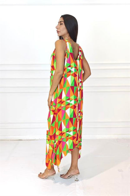 Turuncu Desenli Askısı Halkalı Uzun Elbise