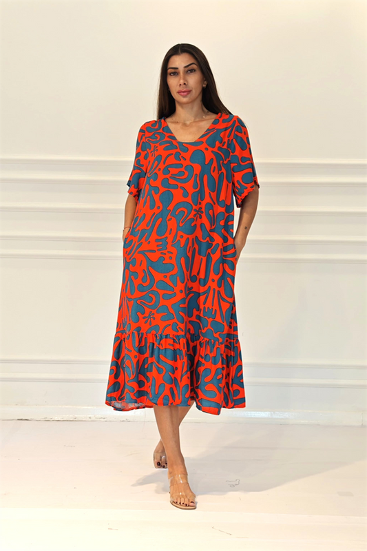 Turuncu Desenli V Yaka Cepli Etekleri Fırıfırlı Midi Elbise