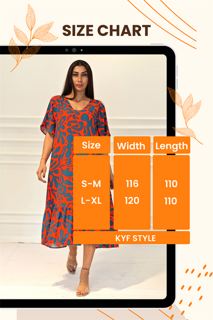 Turuncu Desenli V Yaka Cepli Etekleri Fırıfırlı Midi Elbise