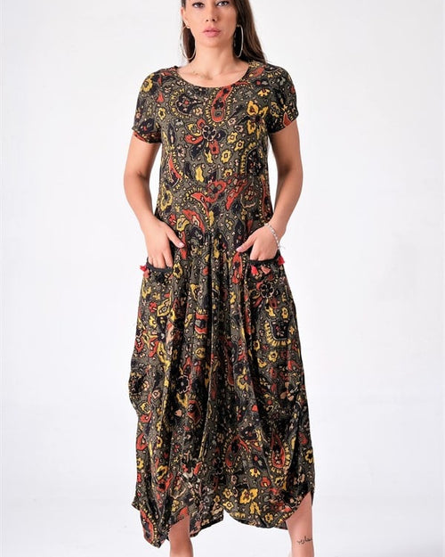 Yeşil Bohem Şal Desen Asimetrik Cepleri Püsküllü Dokuma Elbise